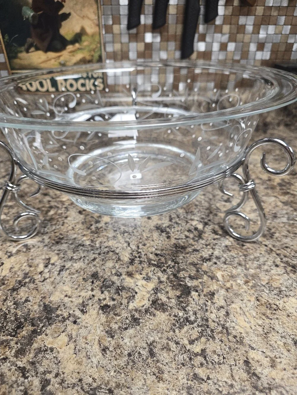 Clear Glass Serving Bowl with Silver Stand - Elegant Swirl Design